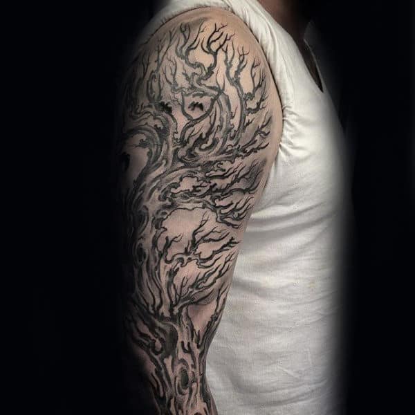 Male With Awesome Tree Sleeve Tattoo