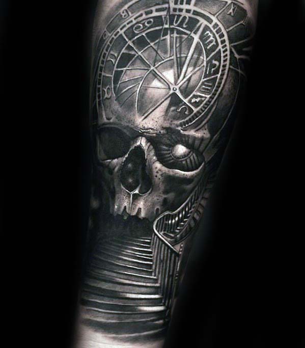 Male With Badass Skull Stairway Inner Forearm Tattoo