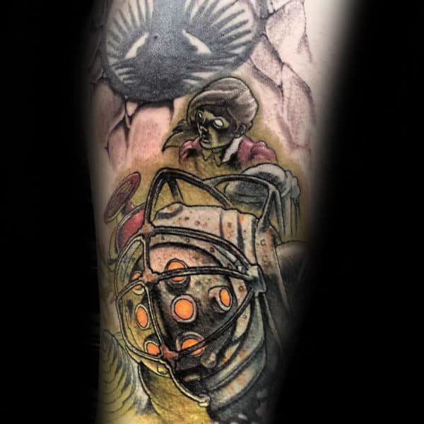 Male With Bioshock Video Game Arm Tattoo Designs