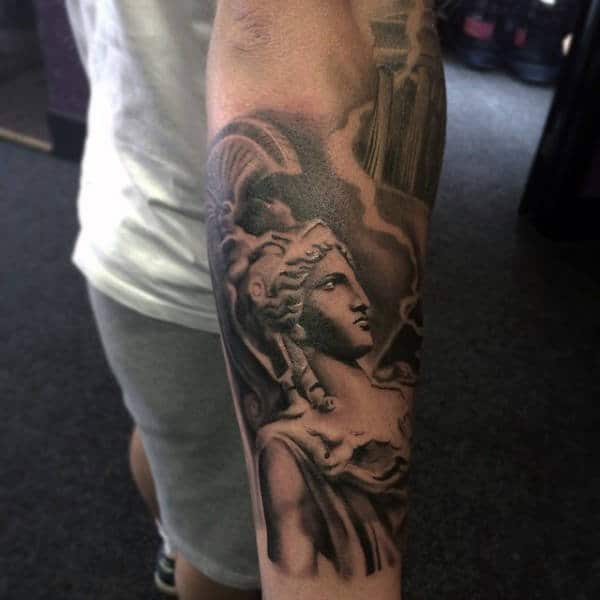 Male With Black And Grey Greek God Tattoo Mens Forearms