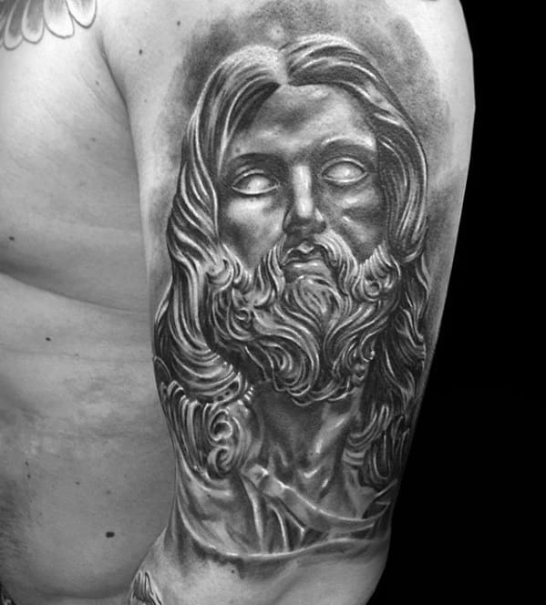 Male With Black And Grey Ink Shaded Jesus Portarit Tattoo Design On Arm