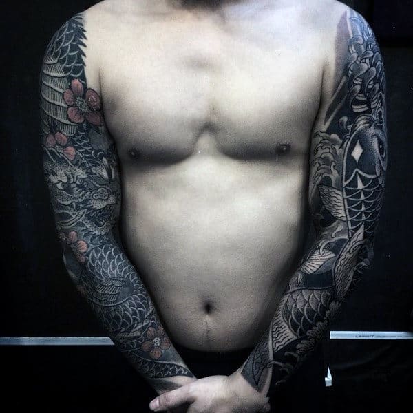 Male With Black Grey Japanese Tattoo On Sleeves