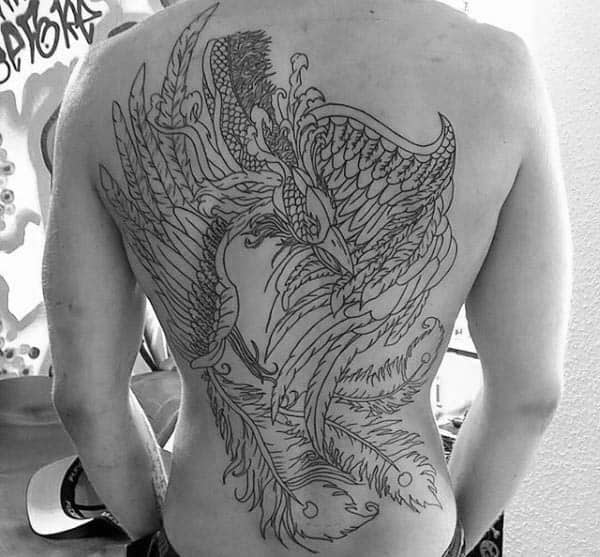 Male With Black Ink Outline Tattoo Design Of Phoenix Bird