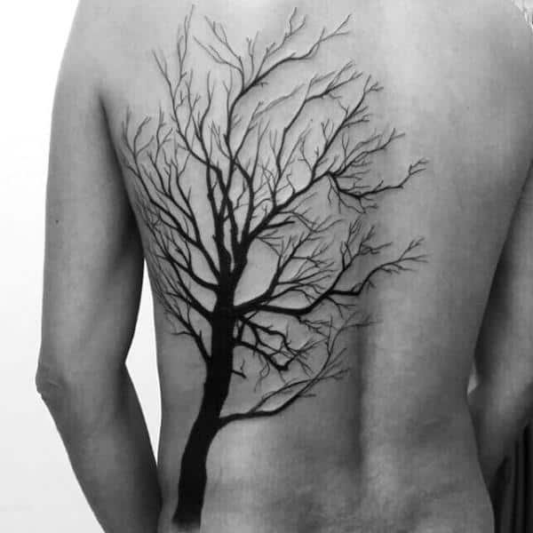 Male With Black Ink Simple Tree Back Tattoo