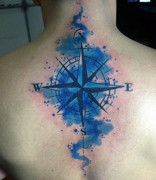 Male With Blue Compass Watercolor Tattoo On Upperback
