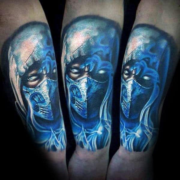 Male With Blue Ink Sub Zero Mortal Kombat Quarter Sleeve Tattoo