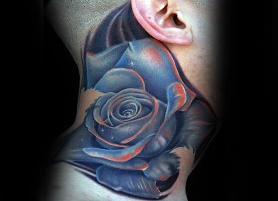 A realistic blue and red rose tattoo on the side of a person's neck