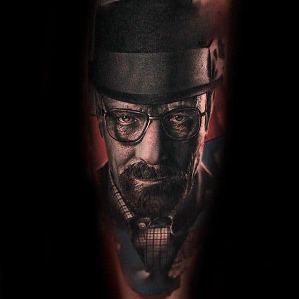 Male With Breaking Bad Portrait Of Walter White Tattoo On Leg