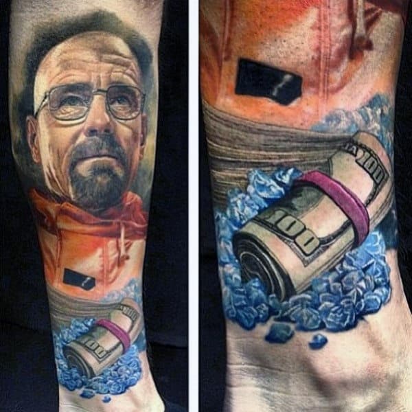 Male With Breaking Bad Themed Leg Sleeve Tattoo