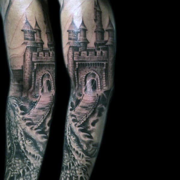 Male With Castle Bridge And Dragon Tattoo Sleeve