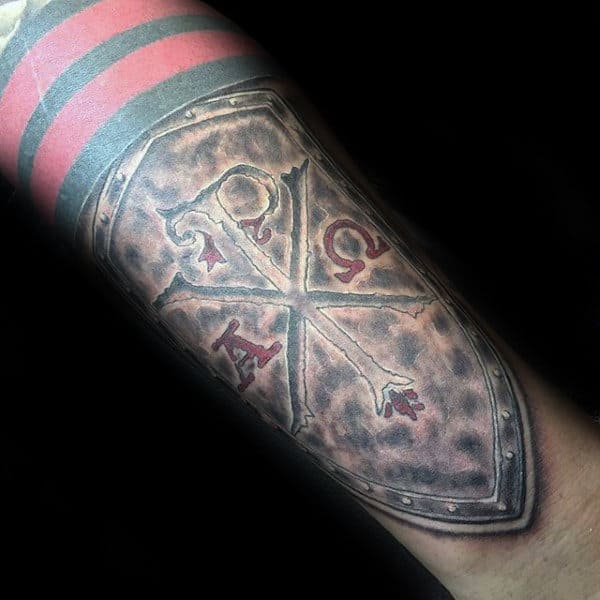 Male With Chi Rho Shield Forearm Tattoo