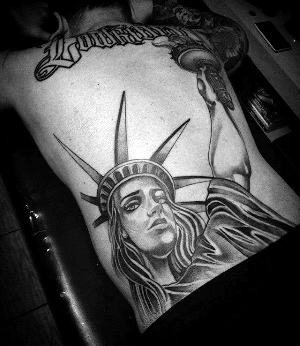 Male With Chicano Statue Of Liberty Back Tattoo
