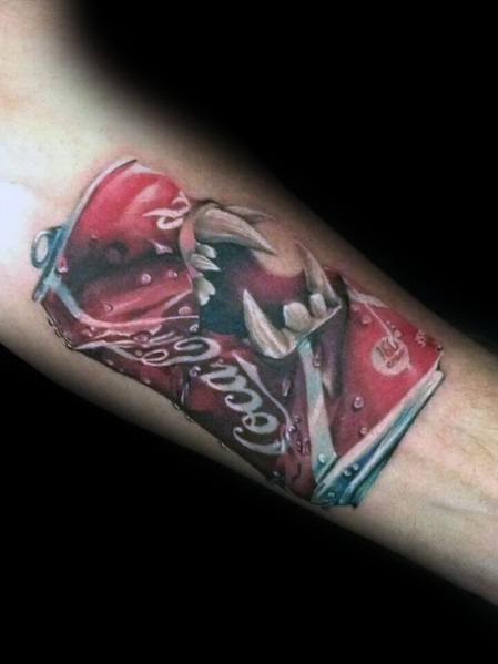Hyper-realistic Coca-Cola can tattoo featuring a crushed design with sharp fangs biting through, detailed shading, and a bold 3D effect.