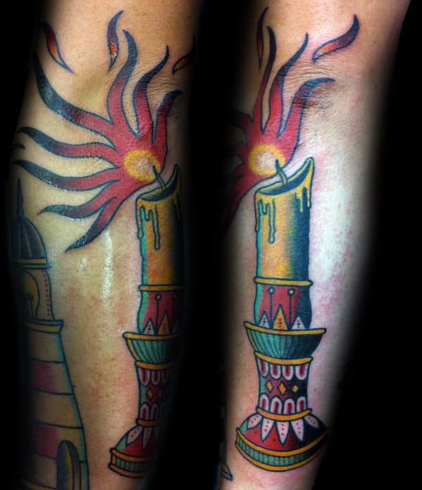Male With Colorful Candle Traditional Outer Forearm Tattoo