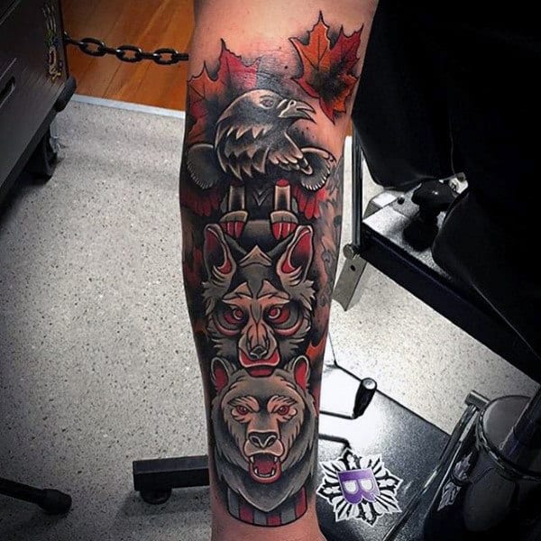 Male With Colorful Wolf Bear And Raven Totem Pole Tattoo Half Sleeve