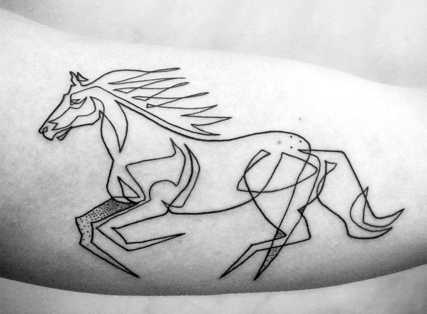 Abstract continuous line tattoo of a galloping horse on the arm, featuring bold black ink with geometric and fluid strokes for a dynamic design.