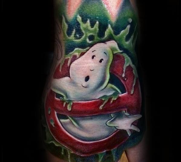Male With Cool 3d Hand Ghostbusters Tattoo Design