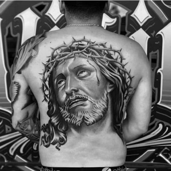Male With Cool 3d Jesus Tattoo Design On Back