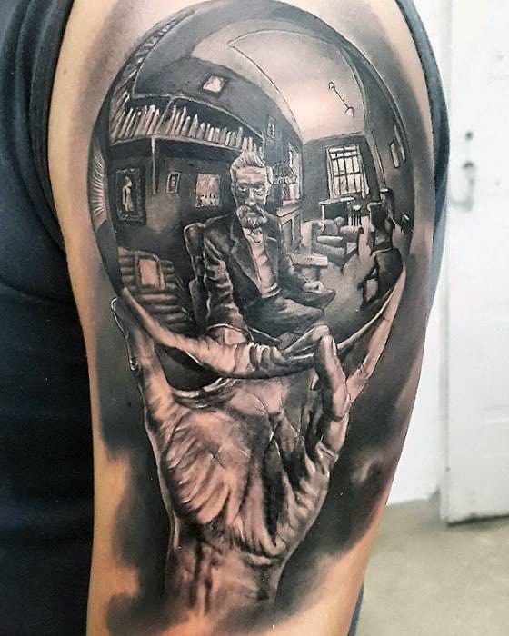 Realistic tattoo of MC Escher’s “Hand with Reflecting Sphere,” showing the artist and room details inside a perfectly shaded glass orb.