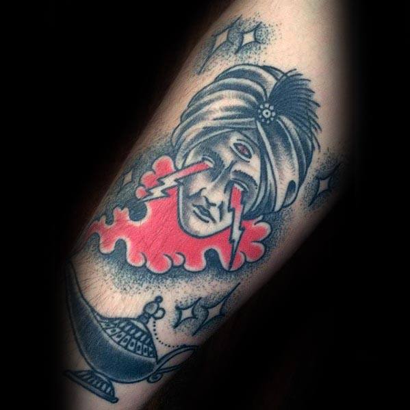 Bold tattoo of a mystical figure emerging from a genie lamp with lightning eyes, a third eye and stars