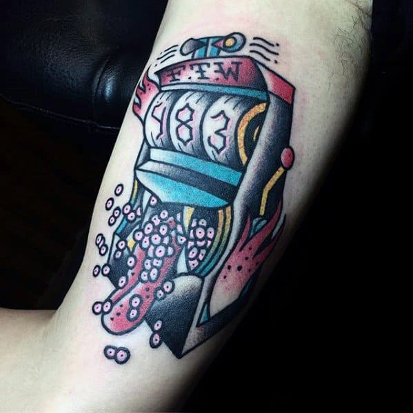 Male With Cool Arm Retro Slot Machine Tattoo Design