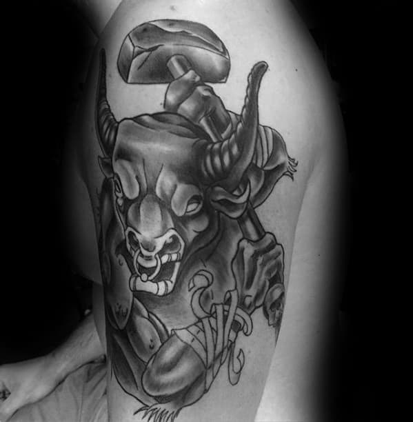 Male With Cool Arm Shaded Minotaur Tattoo Design