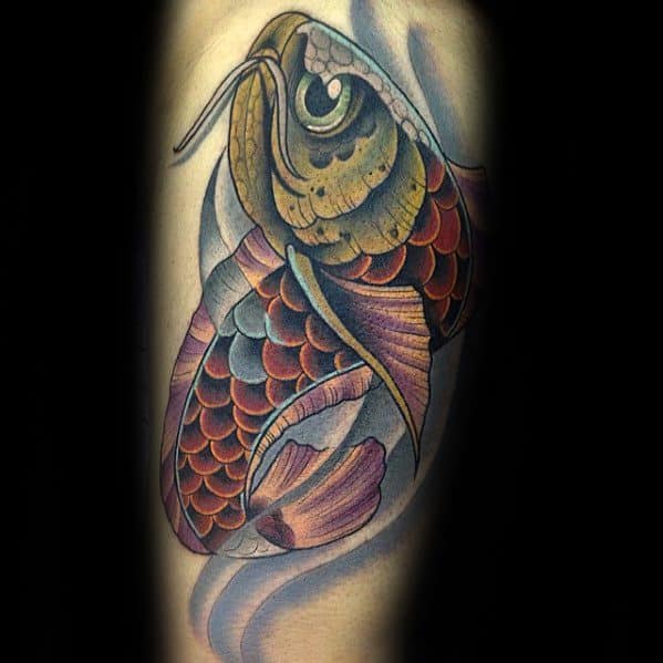 Male With Cool Arowana Tattoo Design On Leg