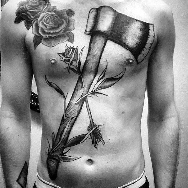 Male With Cool Axe Tattoo Design Full Chest