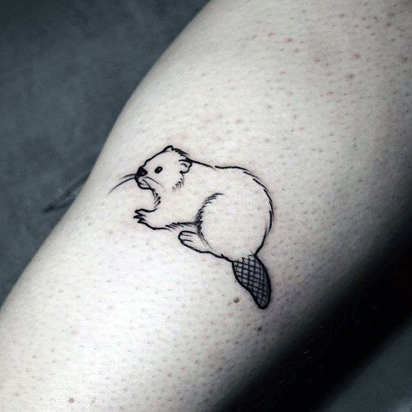 Minimalist beaver tattoo in fine black lines, featuring a simple design with small details and a textured tail.