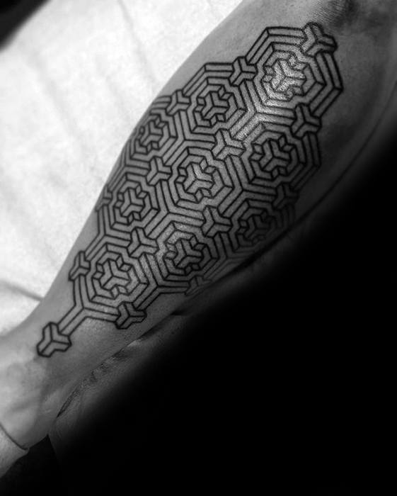 Male With Cool Black Ink Outline Geometric Leg Tattoo Design