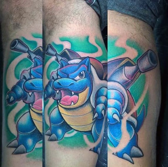 Vivid Blastoise tattoo with bold outlines, glowing green energy background, and a fierce forward-facing pose full of action and depth.
