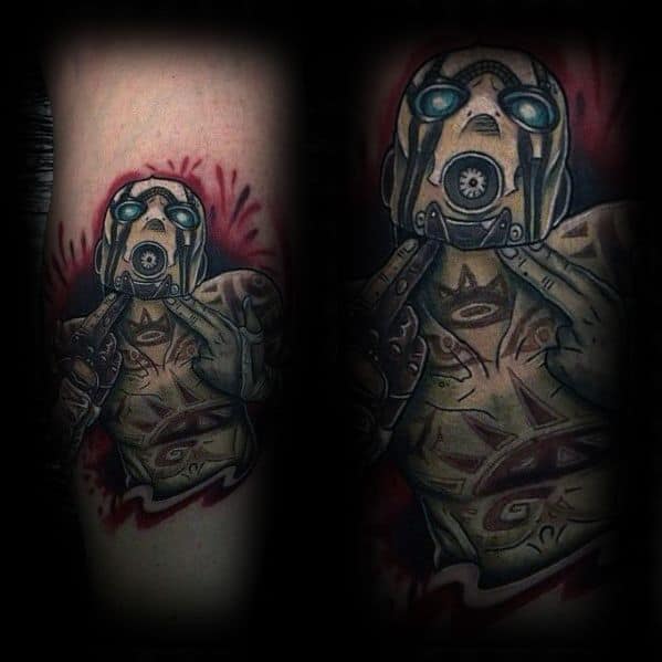 Dark and gritty tattoo of a Psycho Bandit from Borderlands with both hands mimicking a gun to the head, set against a red splatter background.