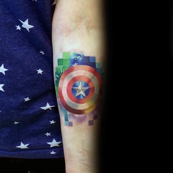 Male With Cool Captain America Shield Pixel Tattoo Design On Inner Forearm