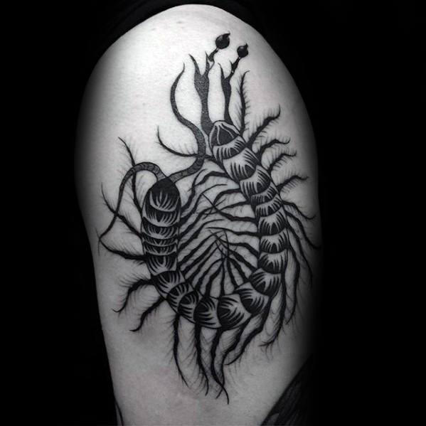 Male With Cool Centipede Tattoo Design On Upper Arm