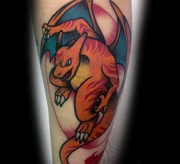 Dynamic Charizard tattoo in a fierce pose with vibrant orange shading, teal wings, and a swirling red background design.