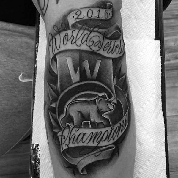 Male With Cool Chicago Cubs Shaded Arm Tattoo Design