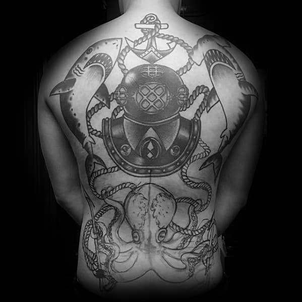 Male With Cool Diving Helmet Tattoo Design Full Back
