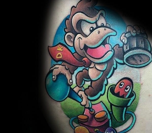 Male With Cool Donkey Kong Tattoo Design On Shoulder Blade