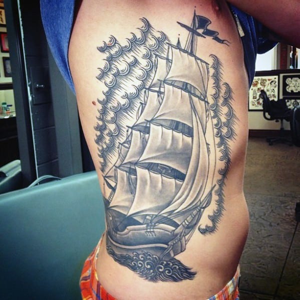 Male With Cool Epic Sailing Ship Rib Cage Tattoo Design