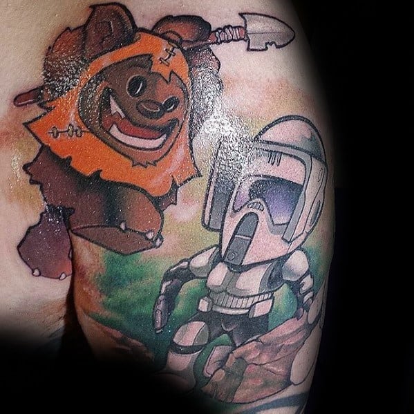 Playful Ewok tattoo in cartoon style, mid-attack with a raised spear, chasing a startled chibi-style scout trooper through a forest scene.