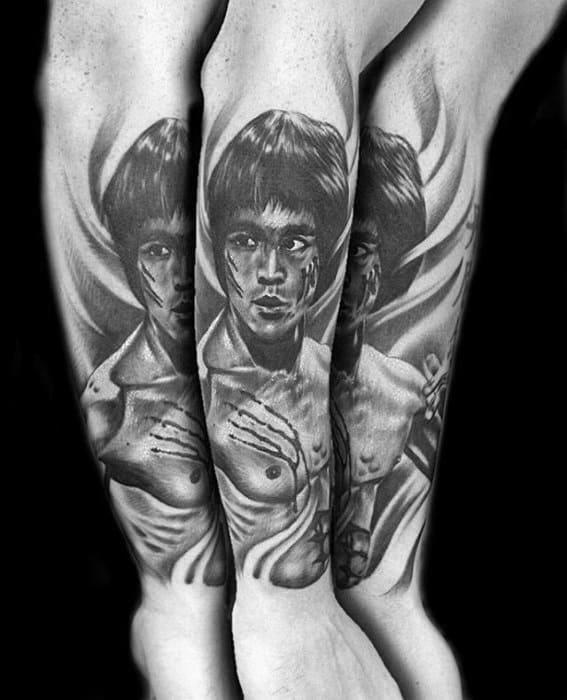 Male With Cool Forearm Sleeve Bruce Lee Tattoo Design