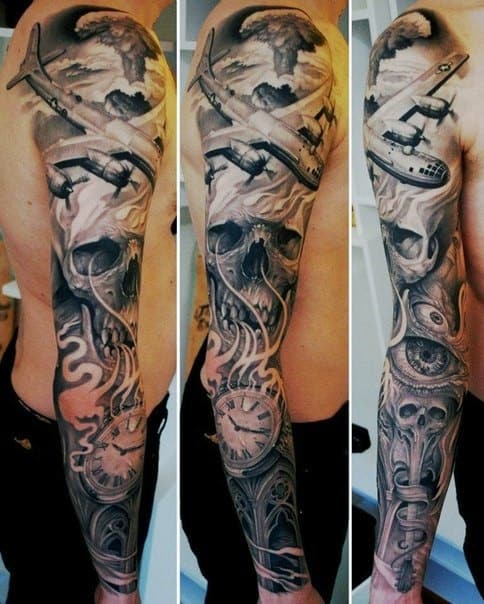 Male With Cool Full Arm Sleeve Mushroom Cloud Tattoo Design