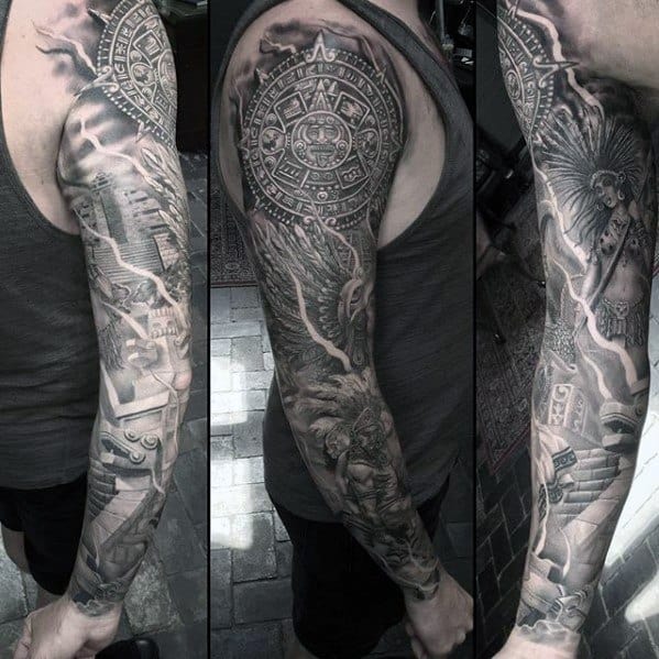 Male With Cool Full Arm Sleeve Shaded Mayan Calender Tattoo Design