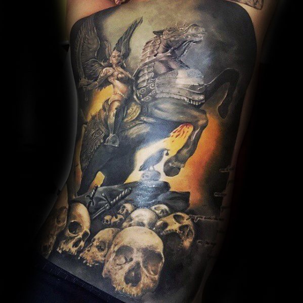 Male With Cool Full Back 3d Skulls Valkyrie Tattoo Design