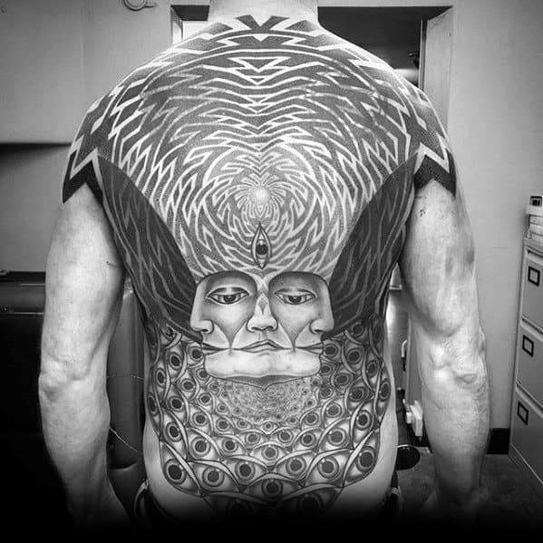 Male With Cool Full Back Pattern Geometric Consciousness Tattoo Design