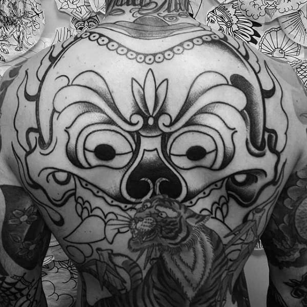 Black and grey Tibetan skull back tattoo with bold, stylized lines, lotus detailing, and a tiger tattoo below at the lower back.