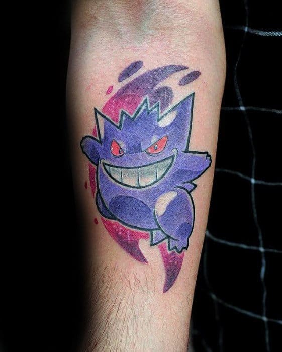 Stylized Gengar tattoo with bold outlines, glowing red eyes, and a swirling purple-pink aura for a dynamic, energetic look.