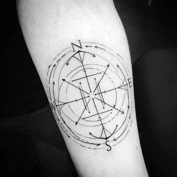 Abstract compass tattoo on forearm with intersecting arrows, curved lines, and directional letters for a modern and dynamic look.