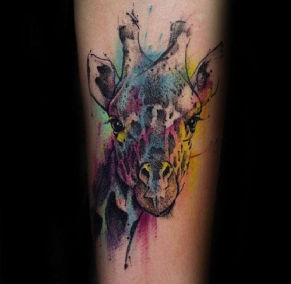 Male With Cool Giraffe Watercolor Forearm Tattoo Design
