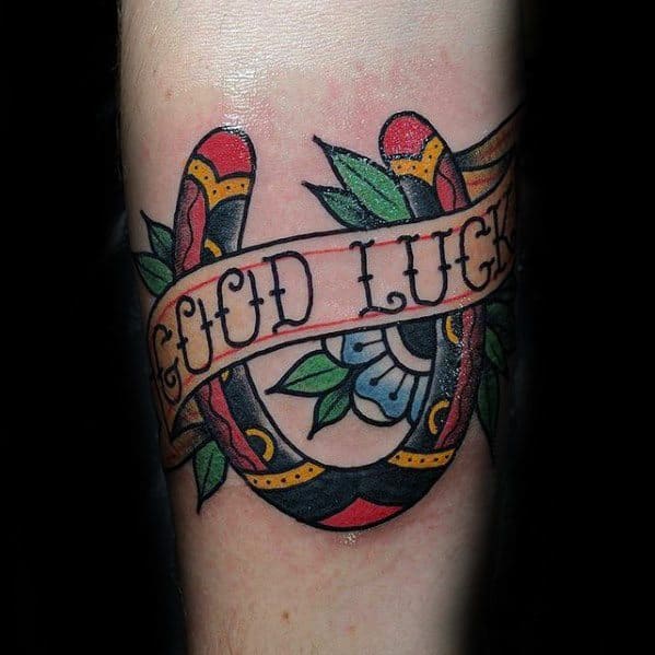 Male With Cool Good Luck Horseshoe Traditional Arm Tattoo Design